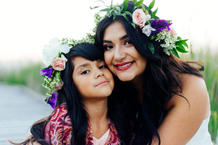 Portrait, Moss Image, Moab Photographer, Girls with purple and pink flowers in their hair smiling